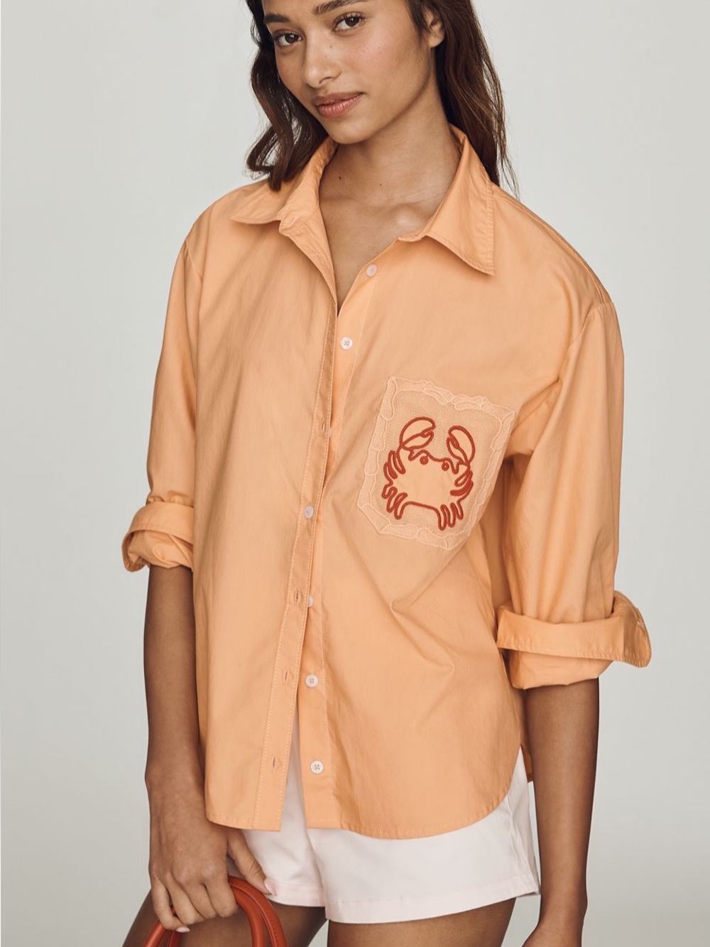 Maeve by Anthropologie Orange Button-Down Shirt with Red Crab Pocket